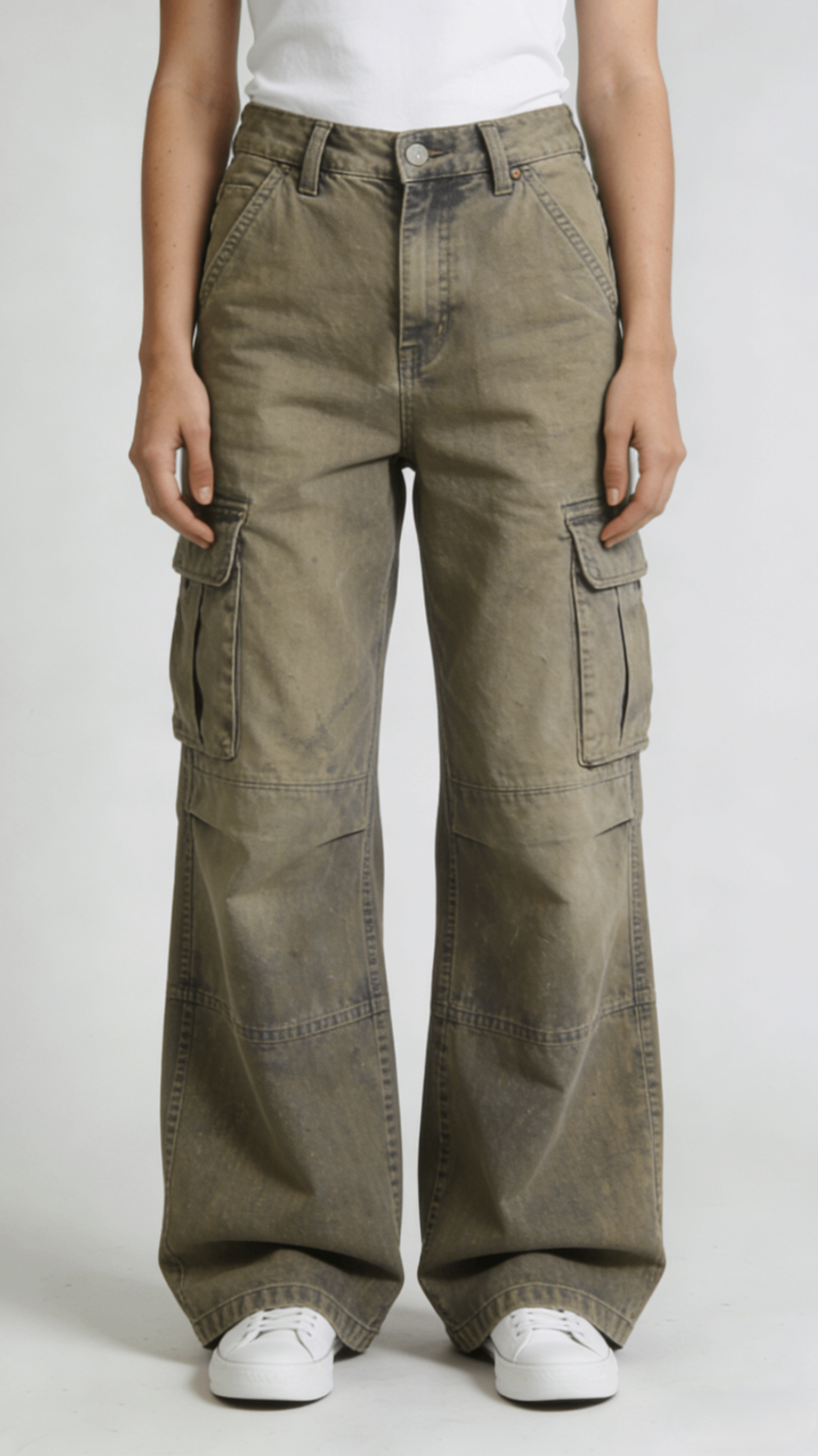 Vintage Washed Olive Green High Waist Wide Leg Cargo Pants