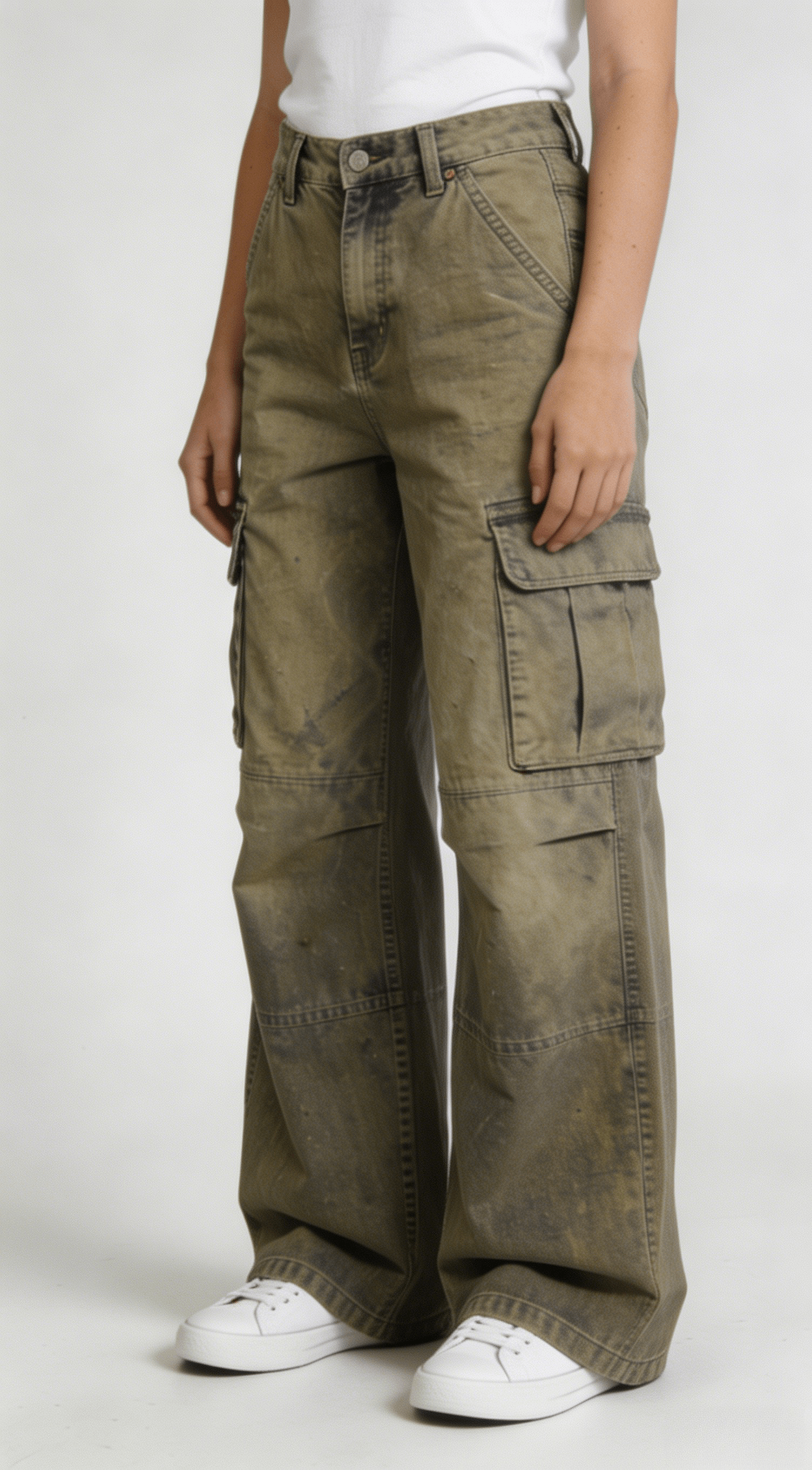 Vintage Washed Olive Green High Waist Wide Leg Cargo Pants - Image 2