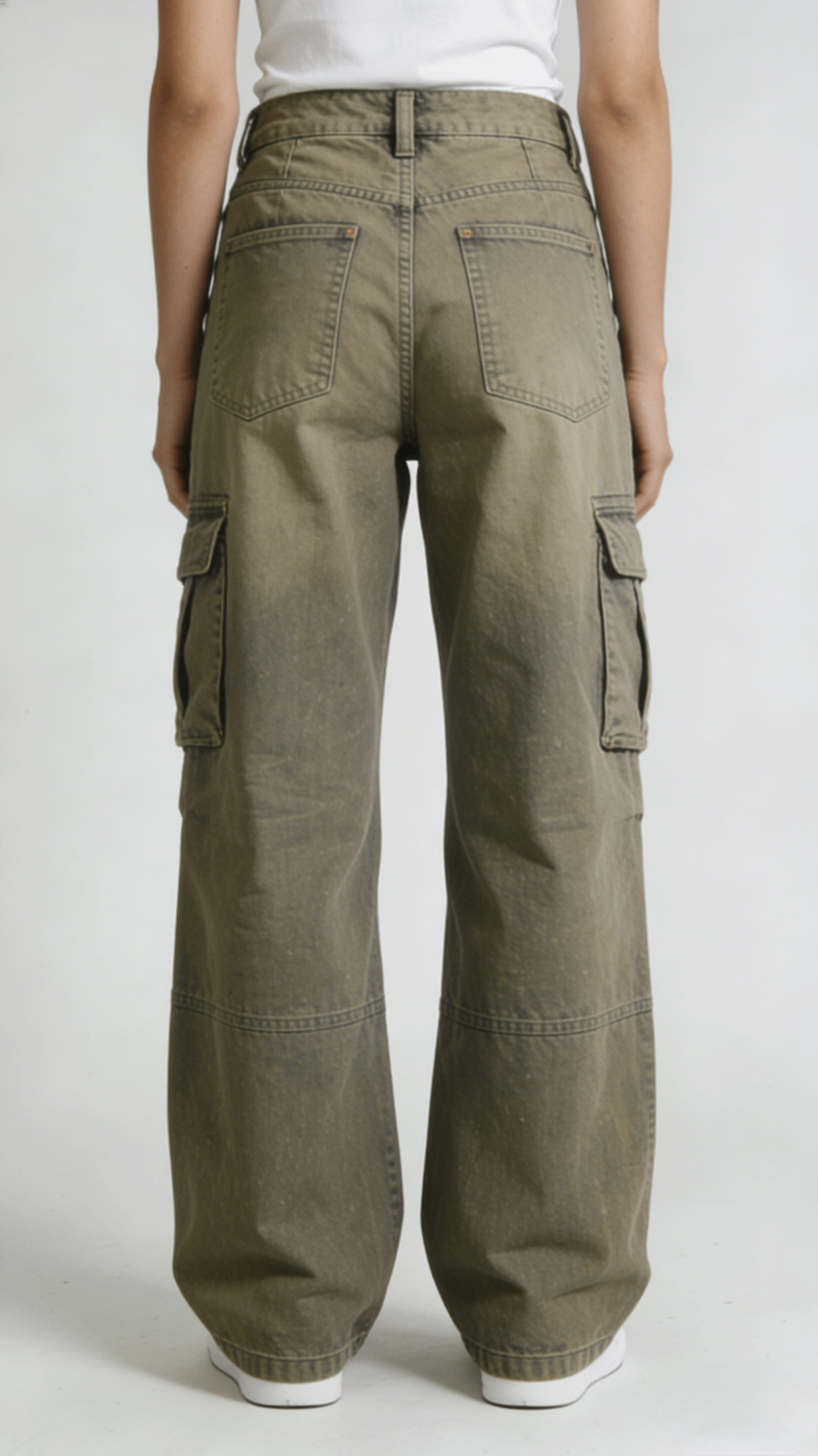Vintage Washed Olive Green High Waist Wide Leg Cargo Pants - Image 3