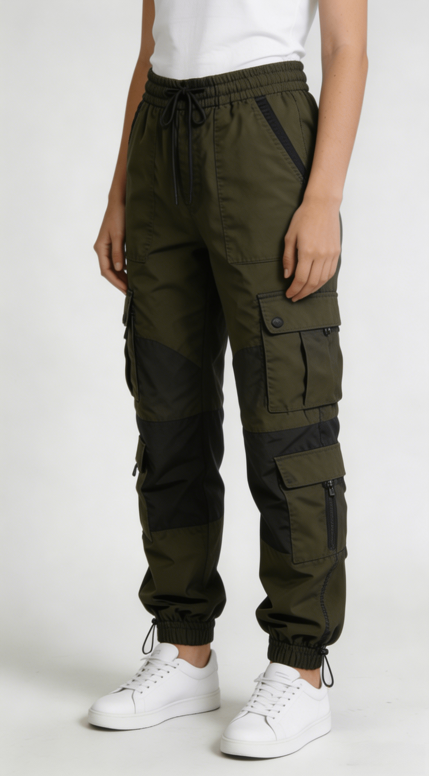 Olive Green Multi-Pocket Drawstring Cargo Jogger Pants - Image 2