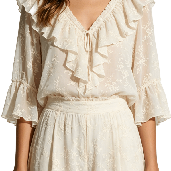 Embroidered Ruffle Blouse and Pants Set