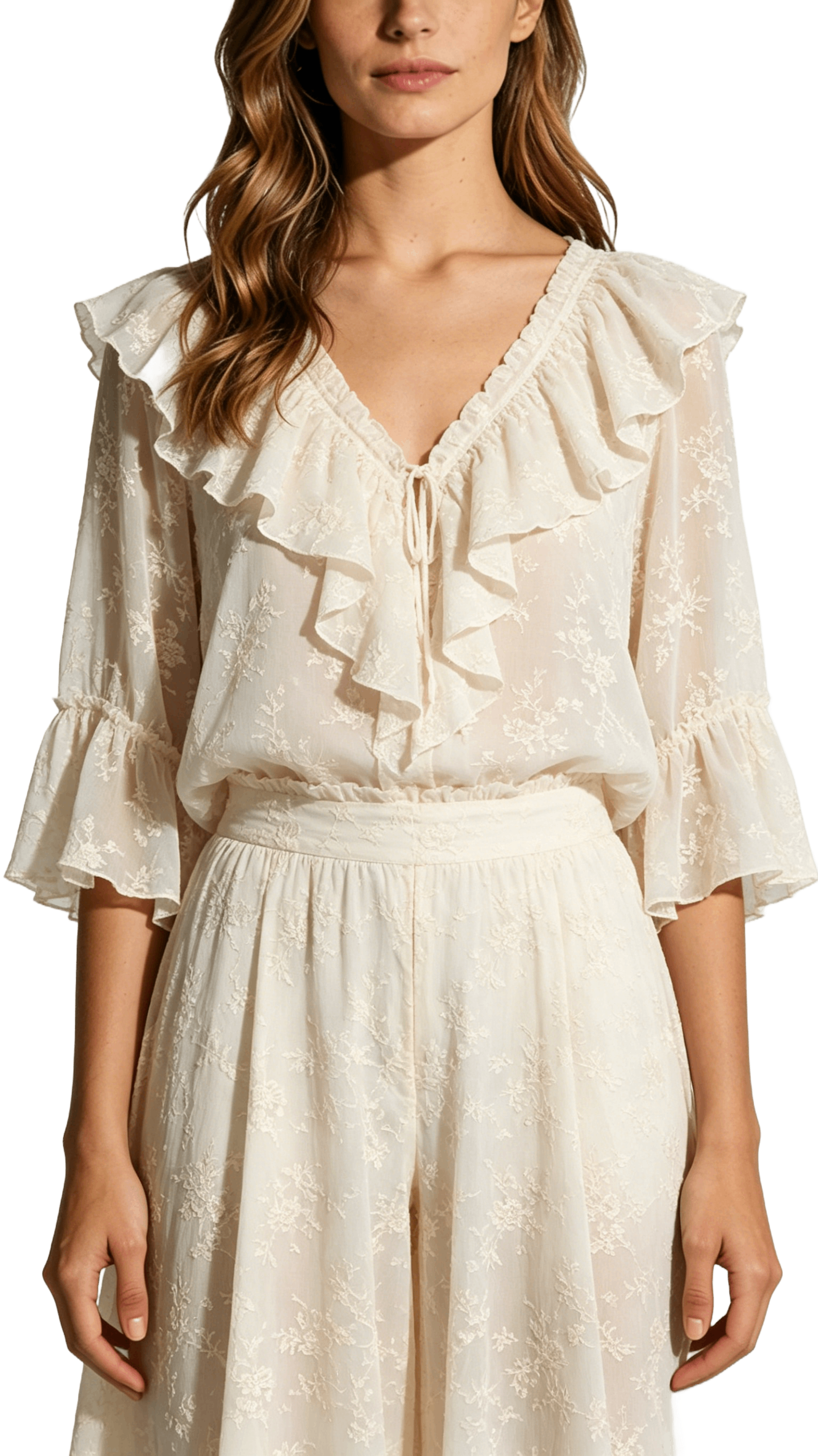 Embroidered Ruffle Blouse and Pants Set