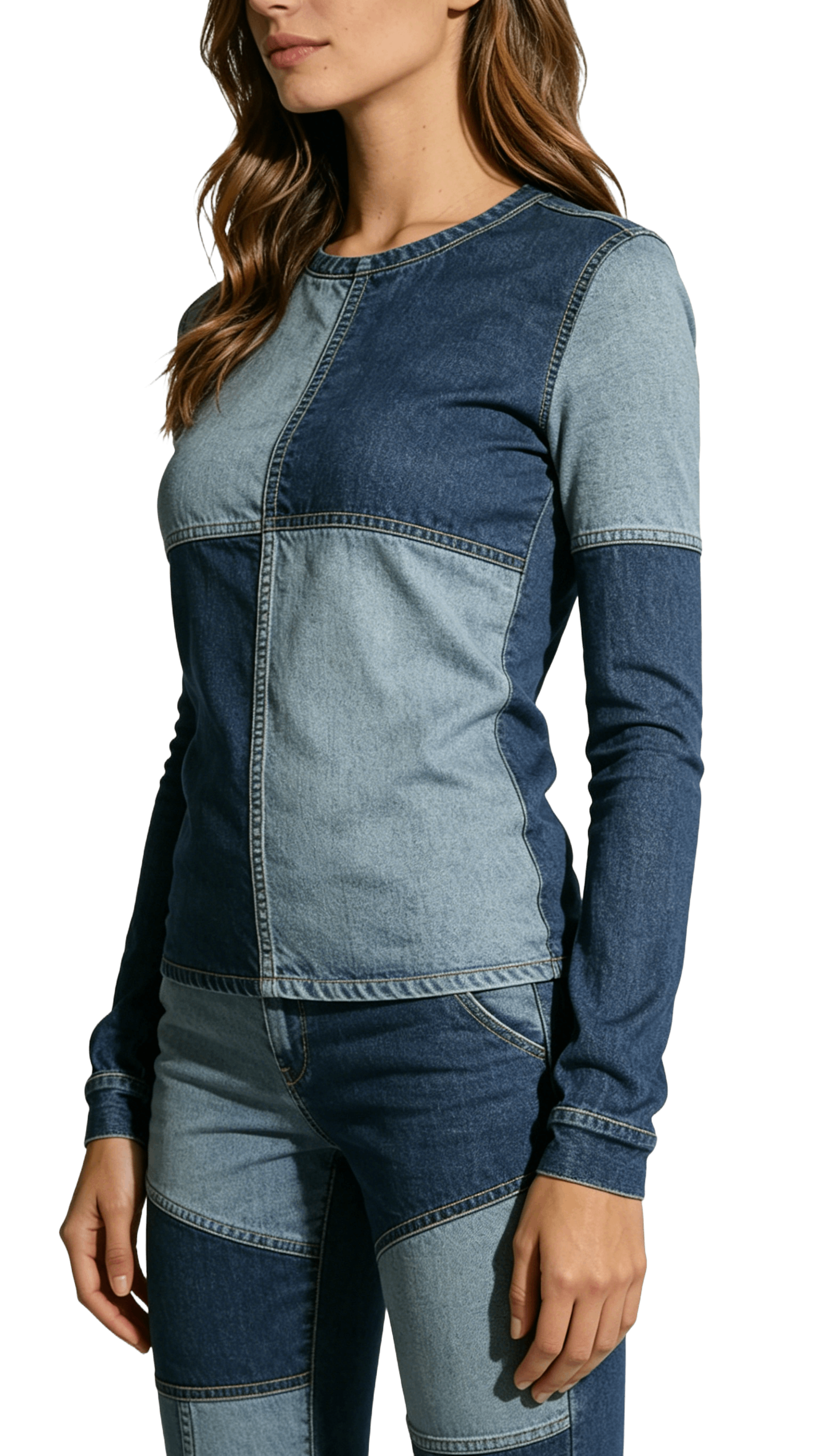 Color-Block Denim Top and Pants Set - Image 2