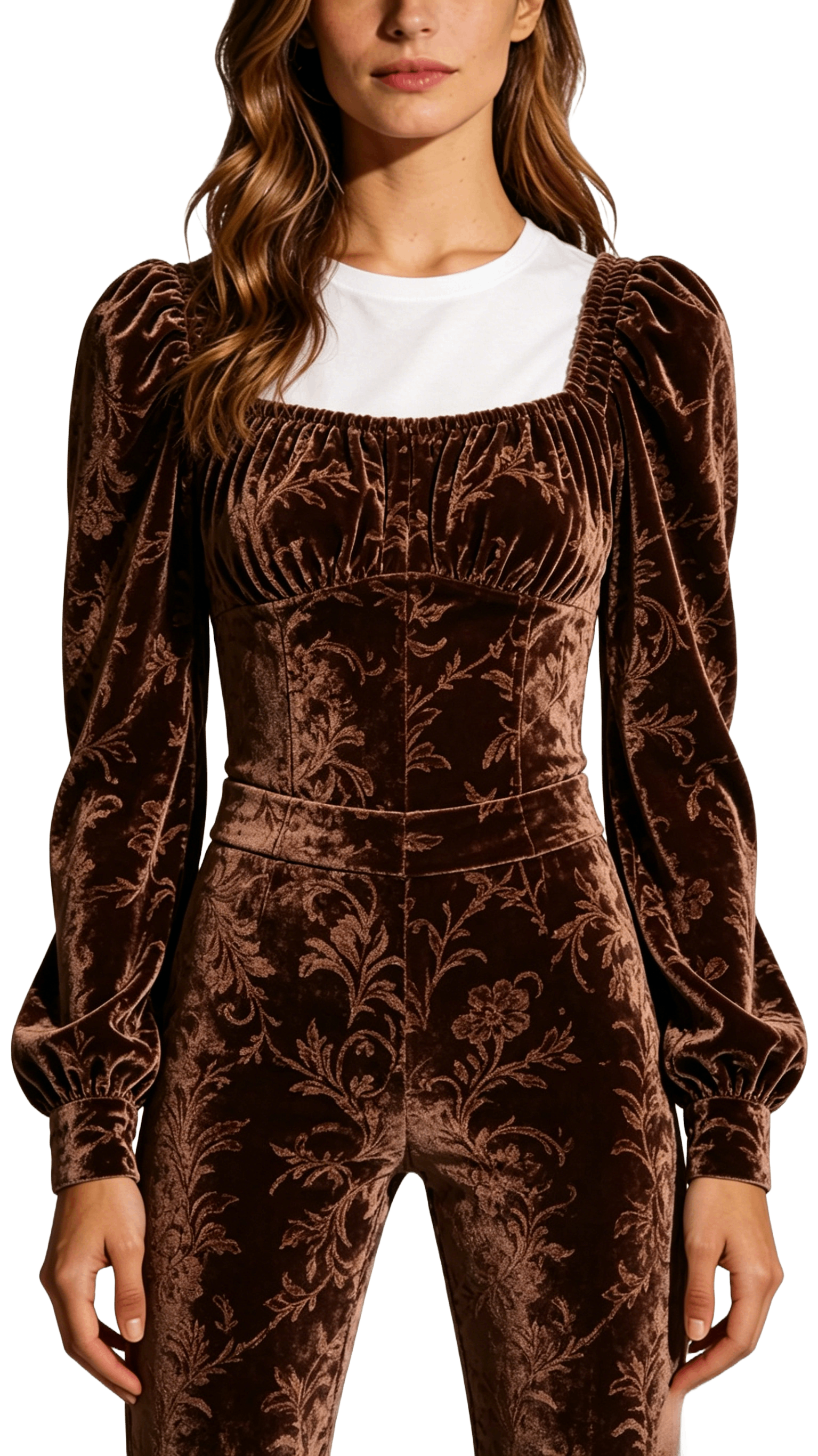 Burnout Velvet Puff Sleeve Top and Pants Set