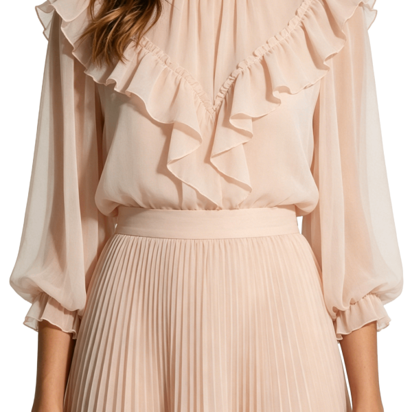 Ruffled Chiffon Blouse and Pleated Skirt Set
