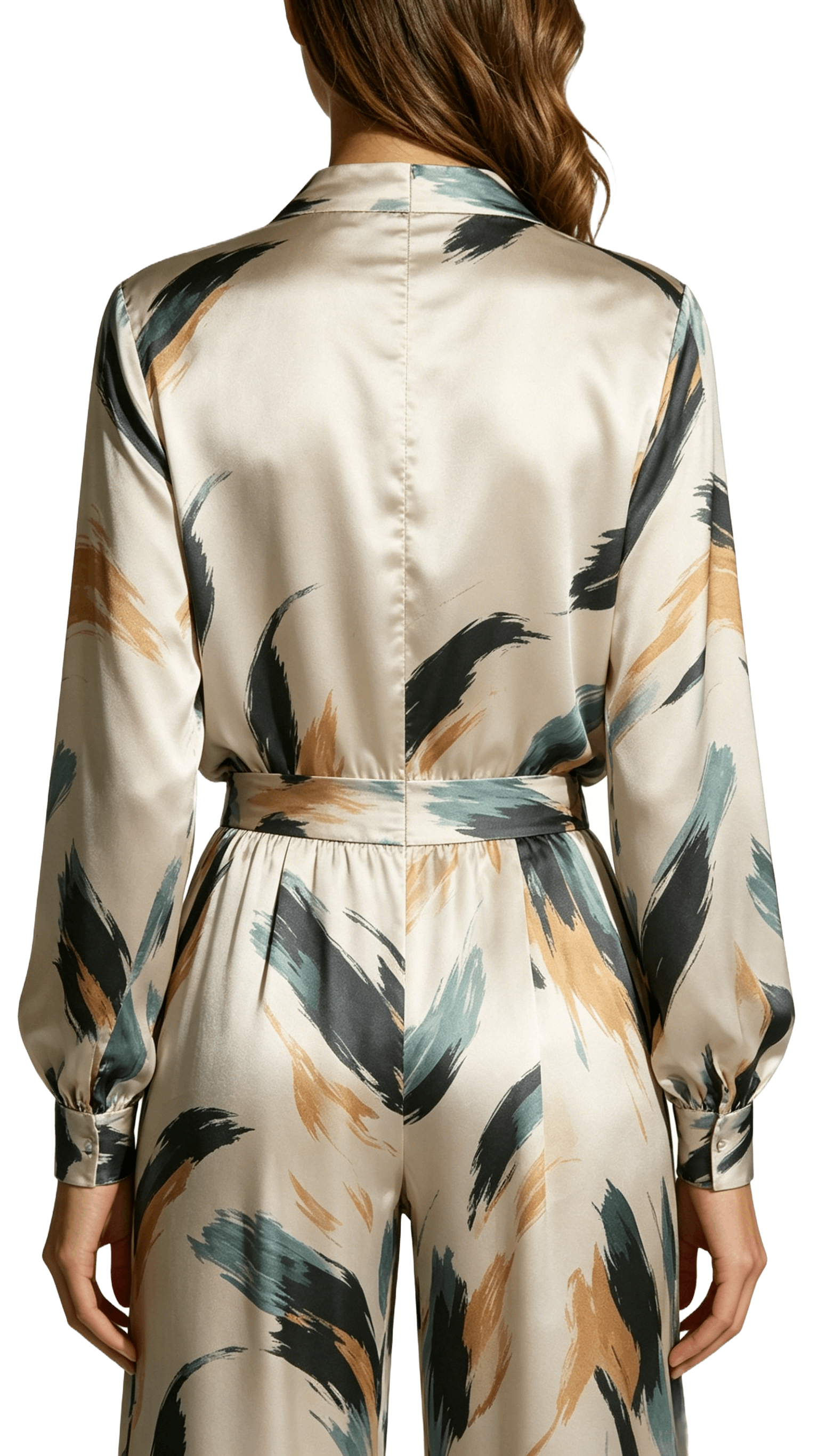 Brushstroke Print Satin Blouse and Pants Set - Image 3
