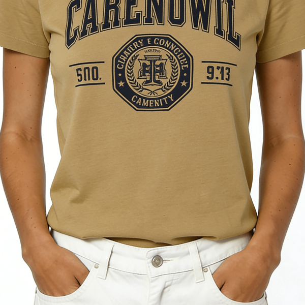 Khaki CARENOWIL College Print Short Sleeve T-Shirt