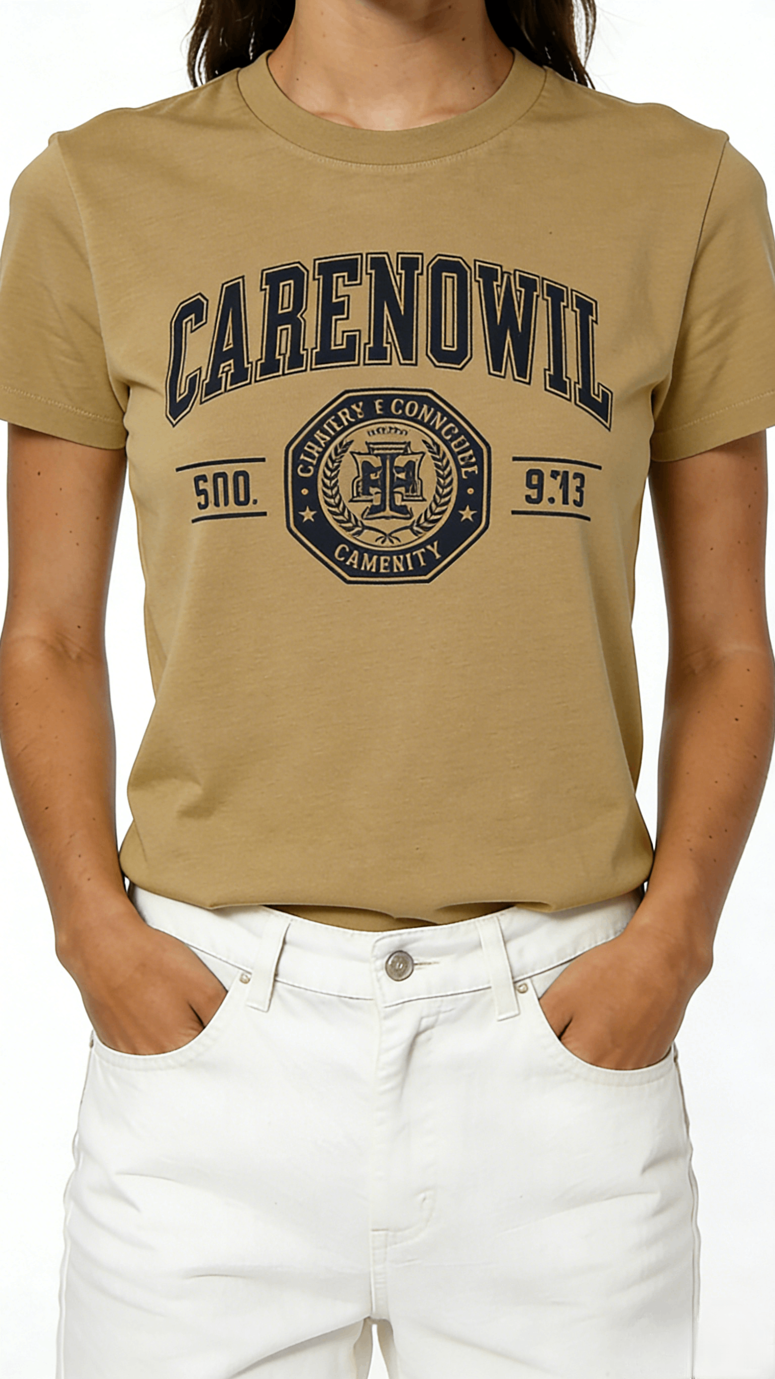 Khaki CARENOWIL College Print Short Sleeve T-Shirt