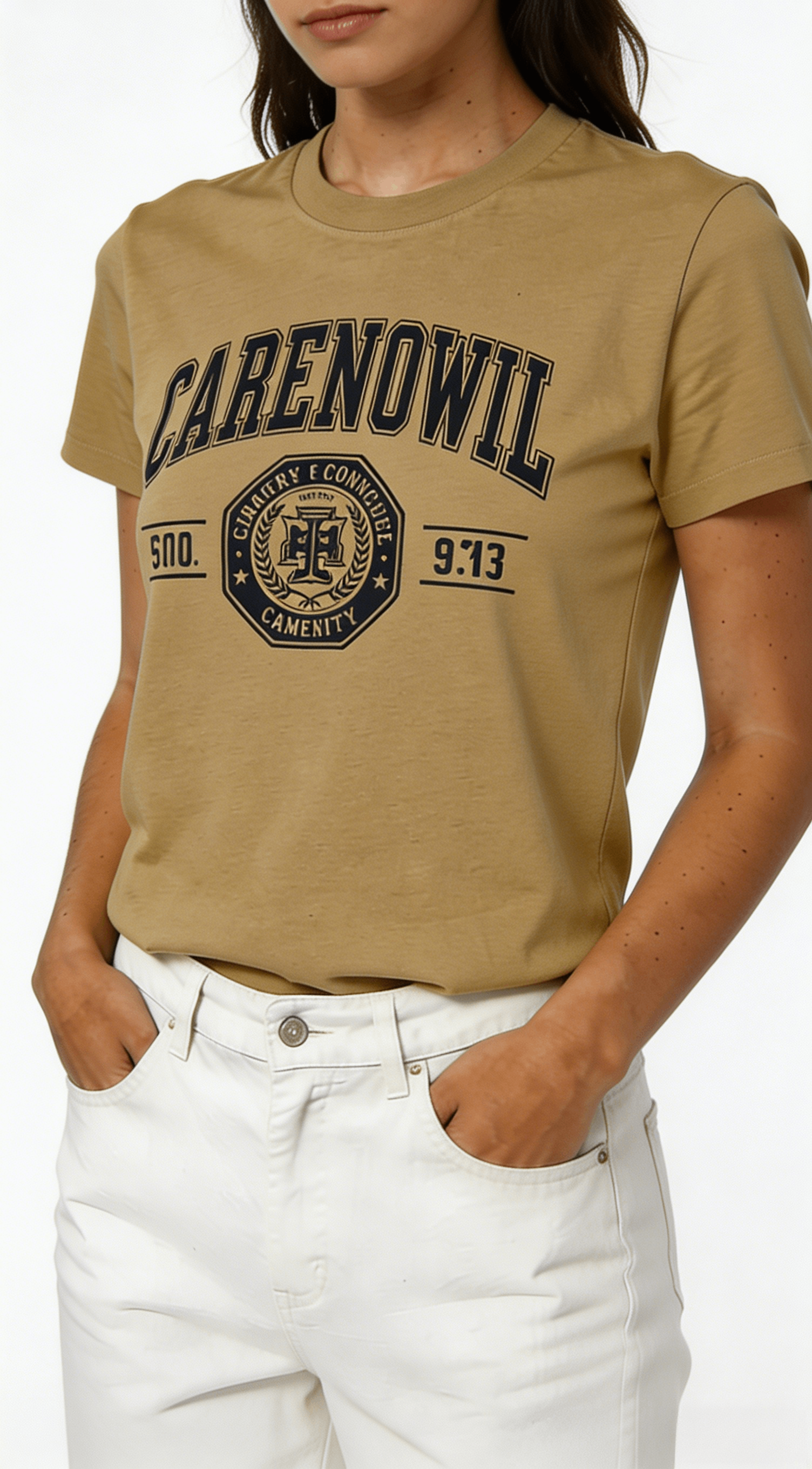 Khaki CARENOWIL College Print Short Sleeve T-Shirt - Image 2