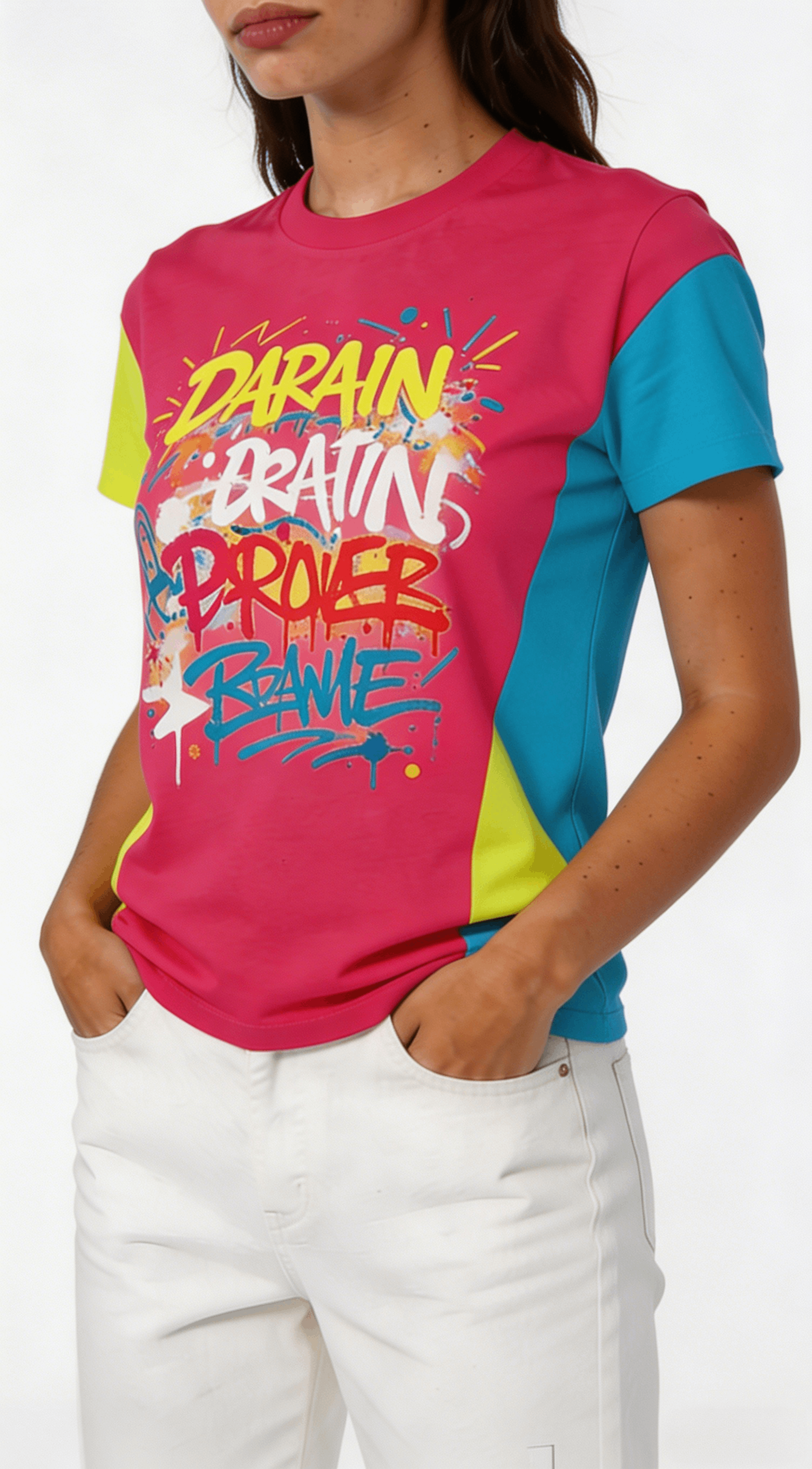 Pink Colorblock Graffiti Print Short Sleeve T-Shirt - Image 2