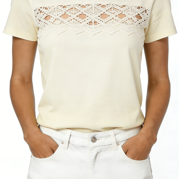 Cream Lace Panel Short Sleeve T-Shirt