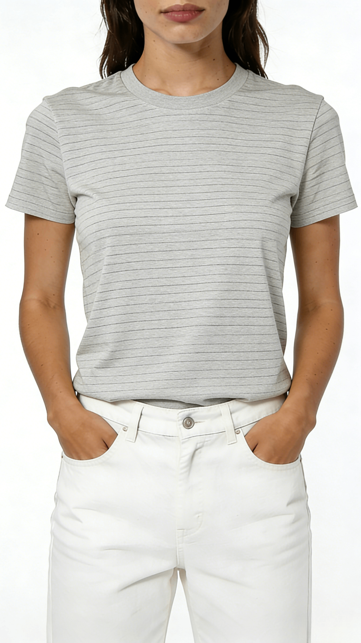 Gray Fine Stripe Crew Neck Short Sleeve T-Shirt
