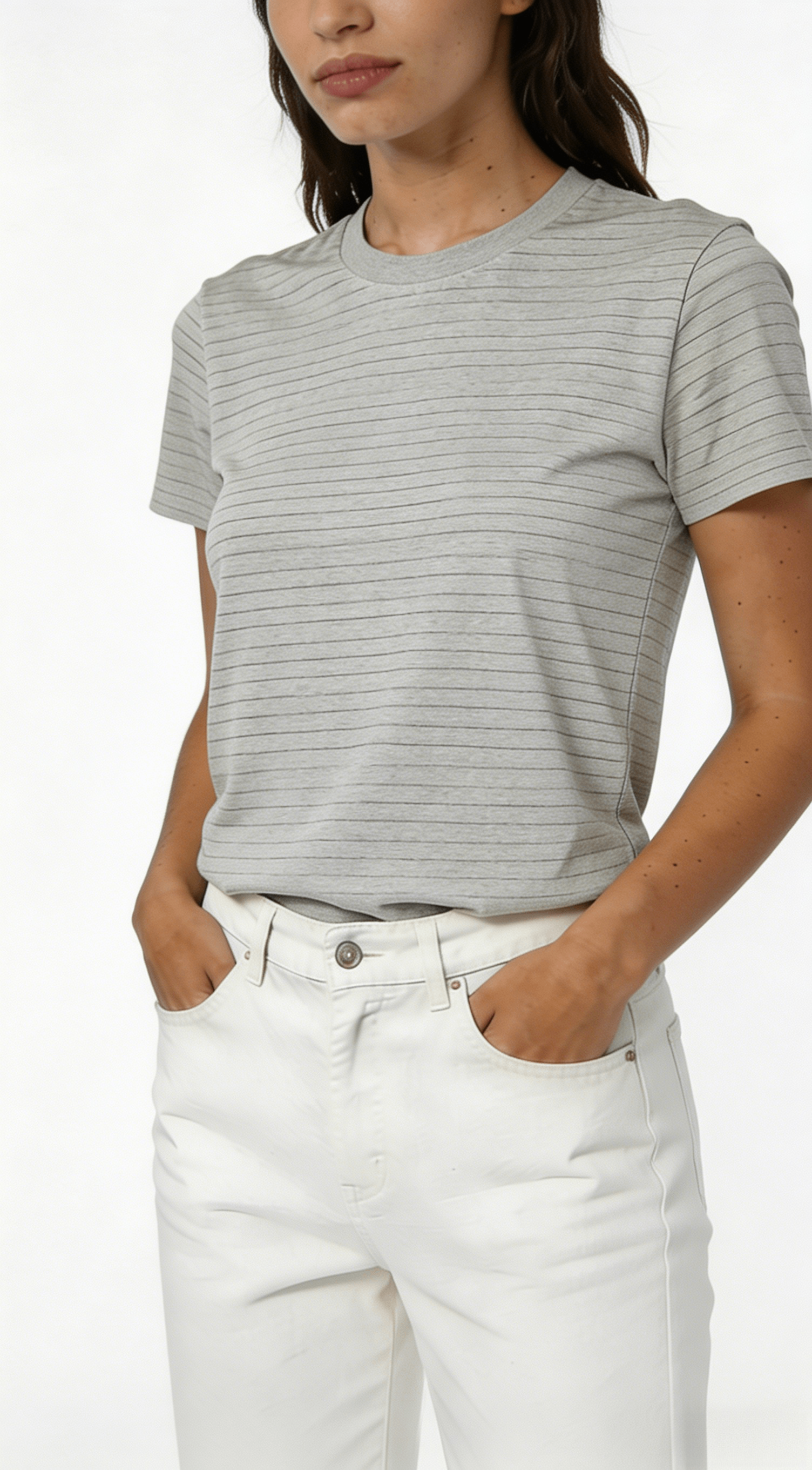 Gray Fine Stripe Crew Neck Short Sleeve T-Shirt - Image 2