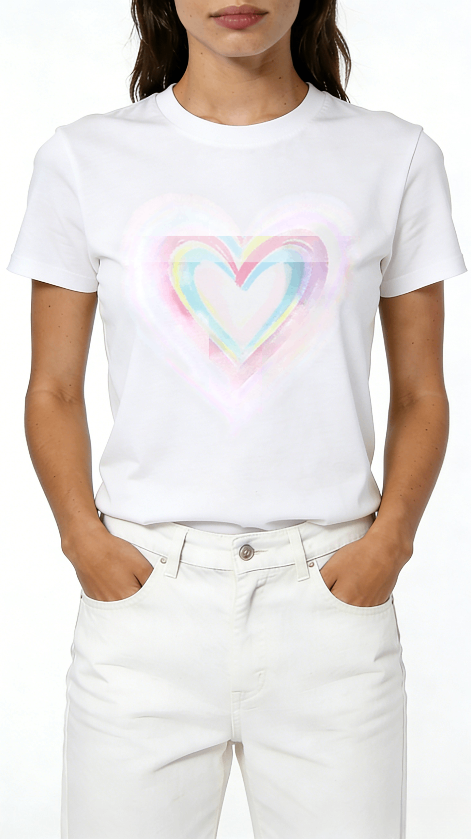 White Rainbow Layered Heart Print Short Sleeve T-Shirt