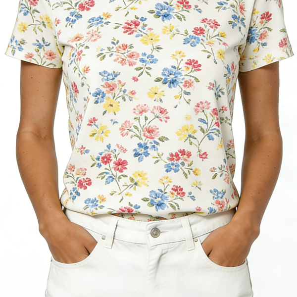 White Multi-Color Ditsy Floral Print Short Sleeve T-Shirt