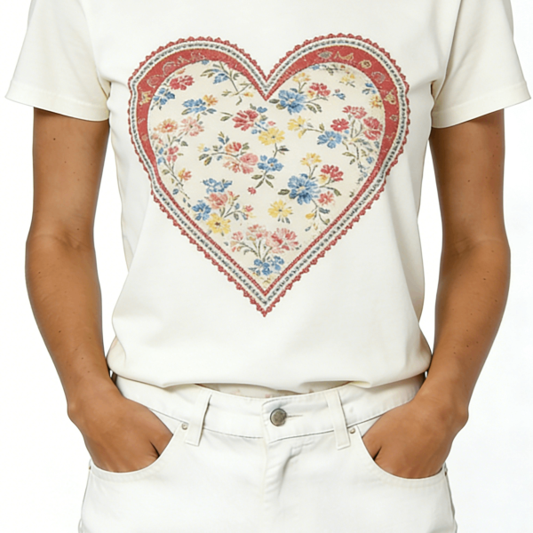 Cream Floral Heart Print Short Sleeve T-Shirt