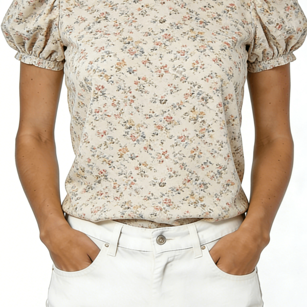 Beige Ditsy Floral Puff Sleeve Blouse