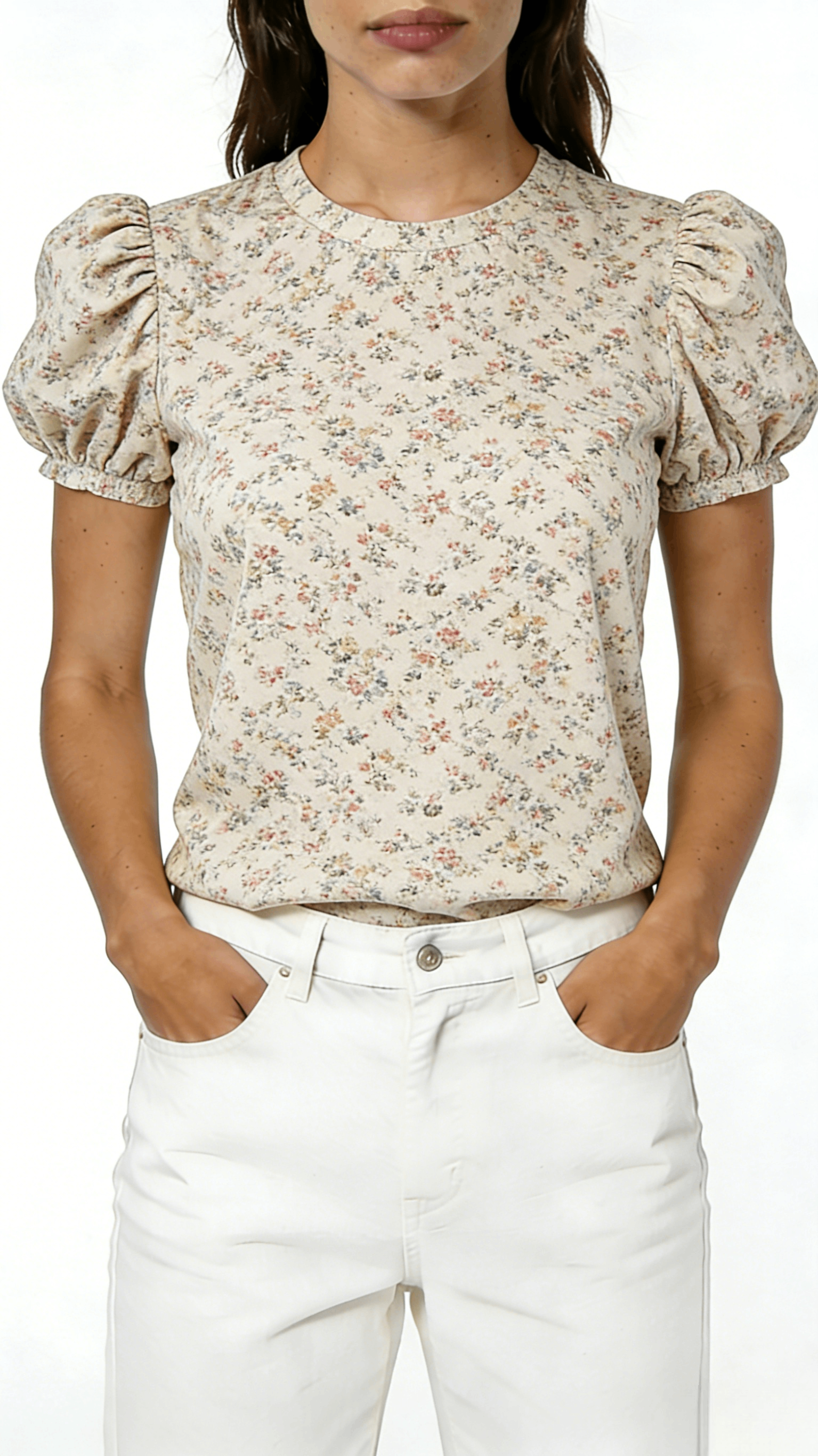 Beige Ditsy Floral Puff Sleeve Blouse