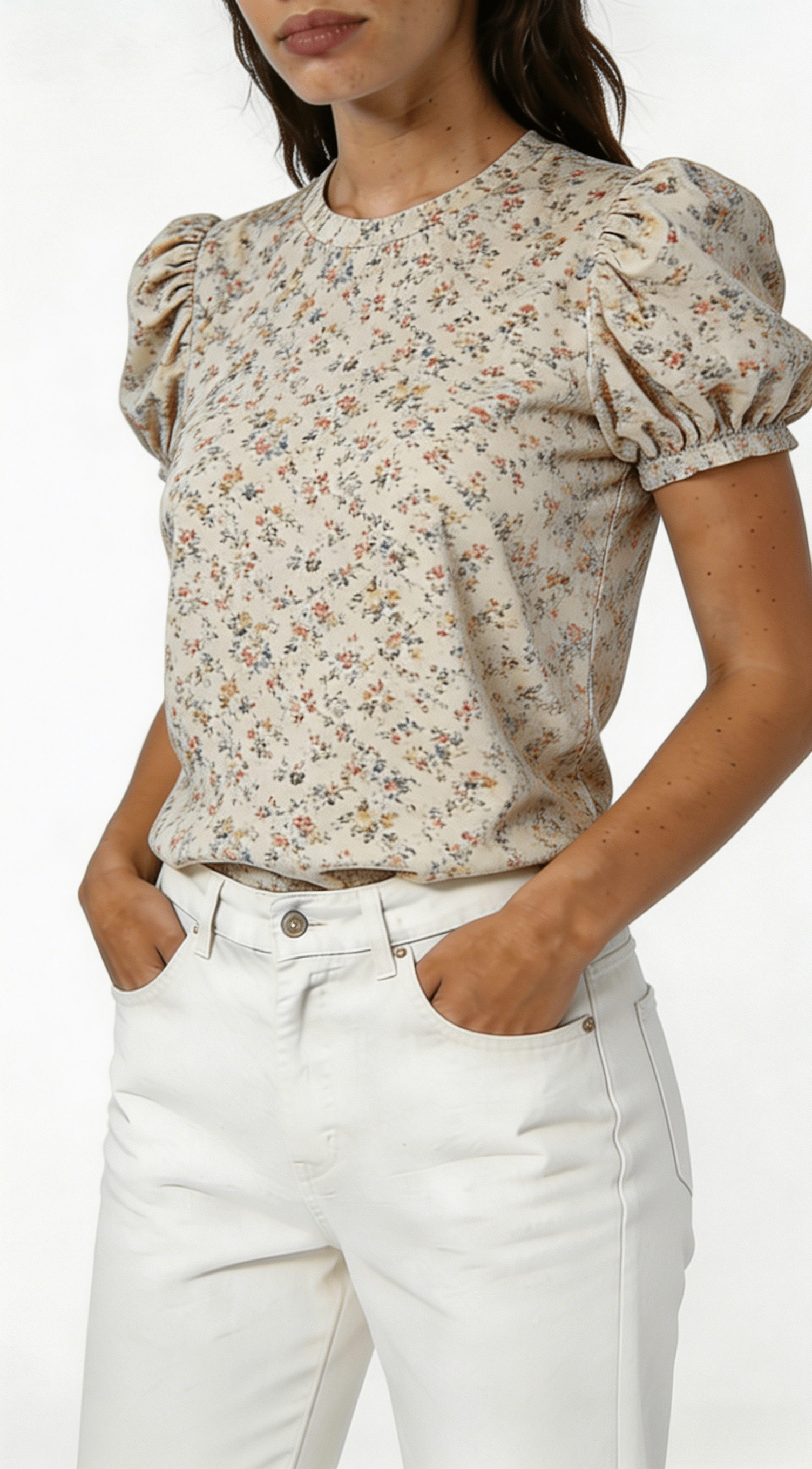 Beige Ditsy Floral Puff Sleeve Blouse - Image 2