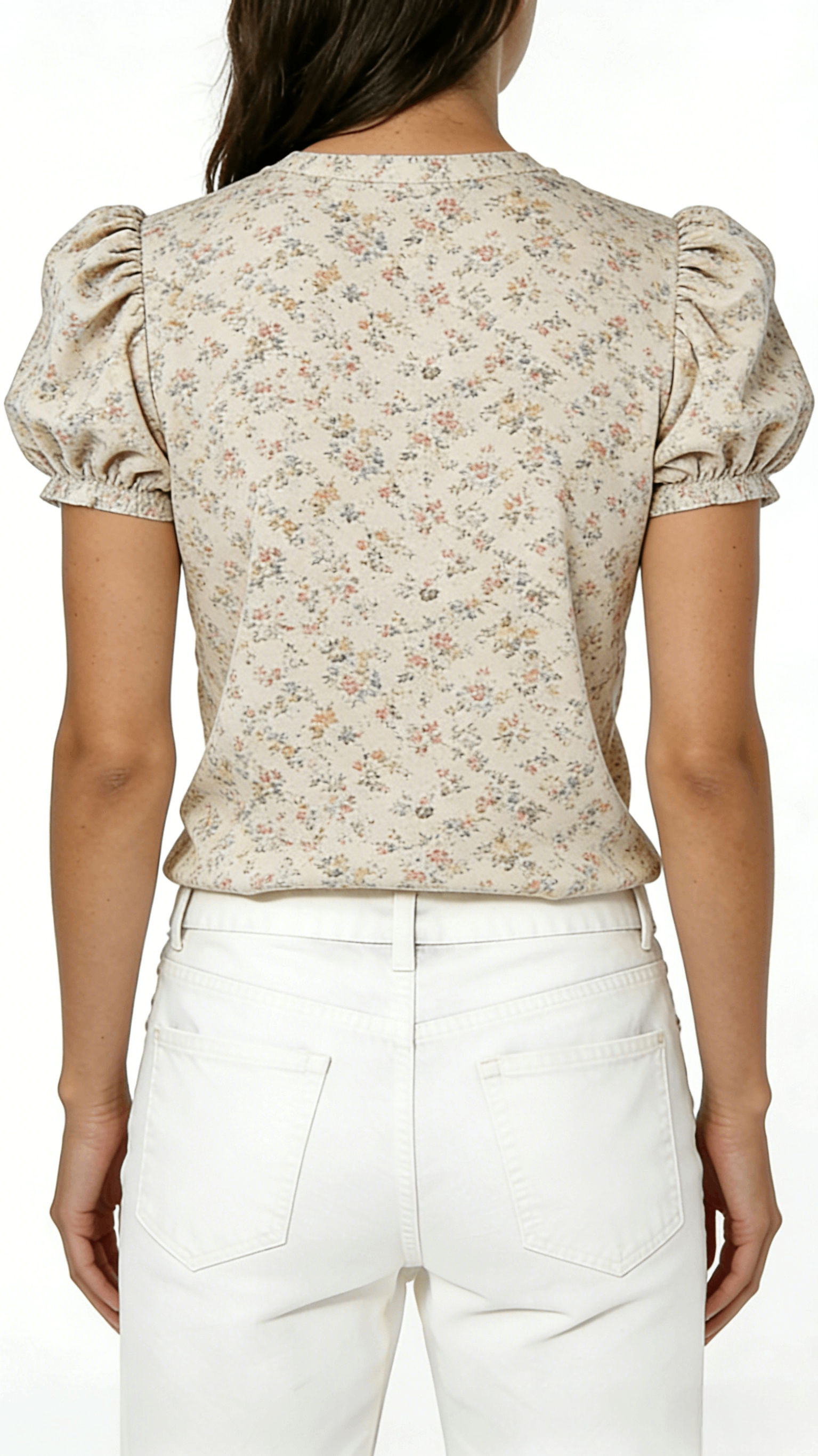 Beige Ditsy Floral Puff Sleeve Blouse - Image 3