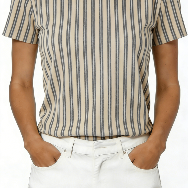 Beige Stripe Ruffle Collar Short Sleeve Blouse