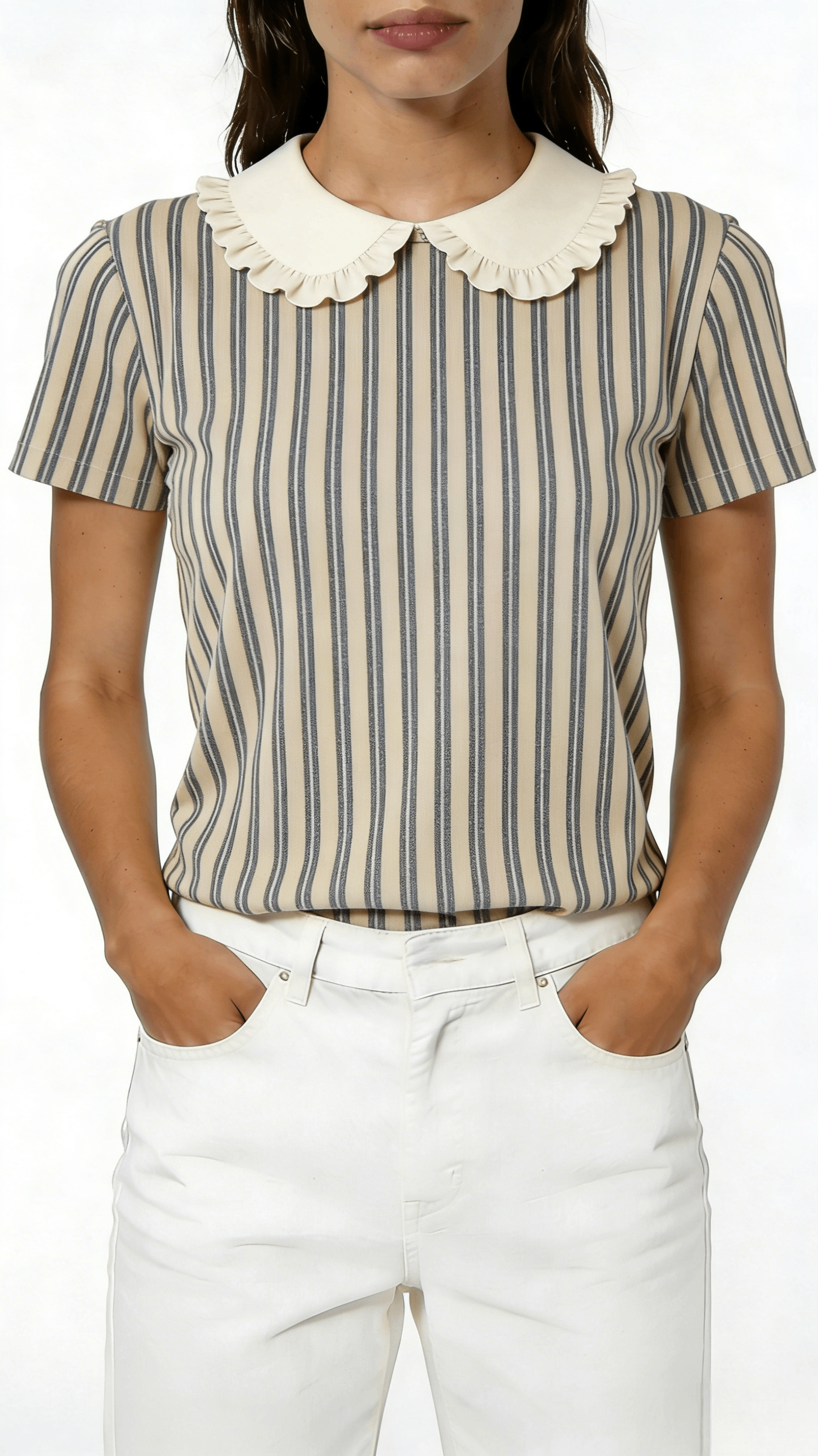 Beige Stripe Ruffle Collar Short Sleeve Blouse