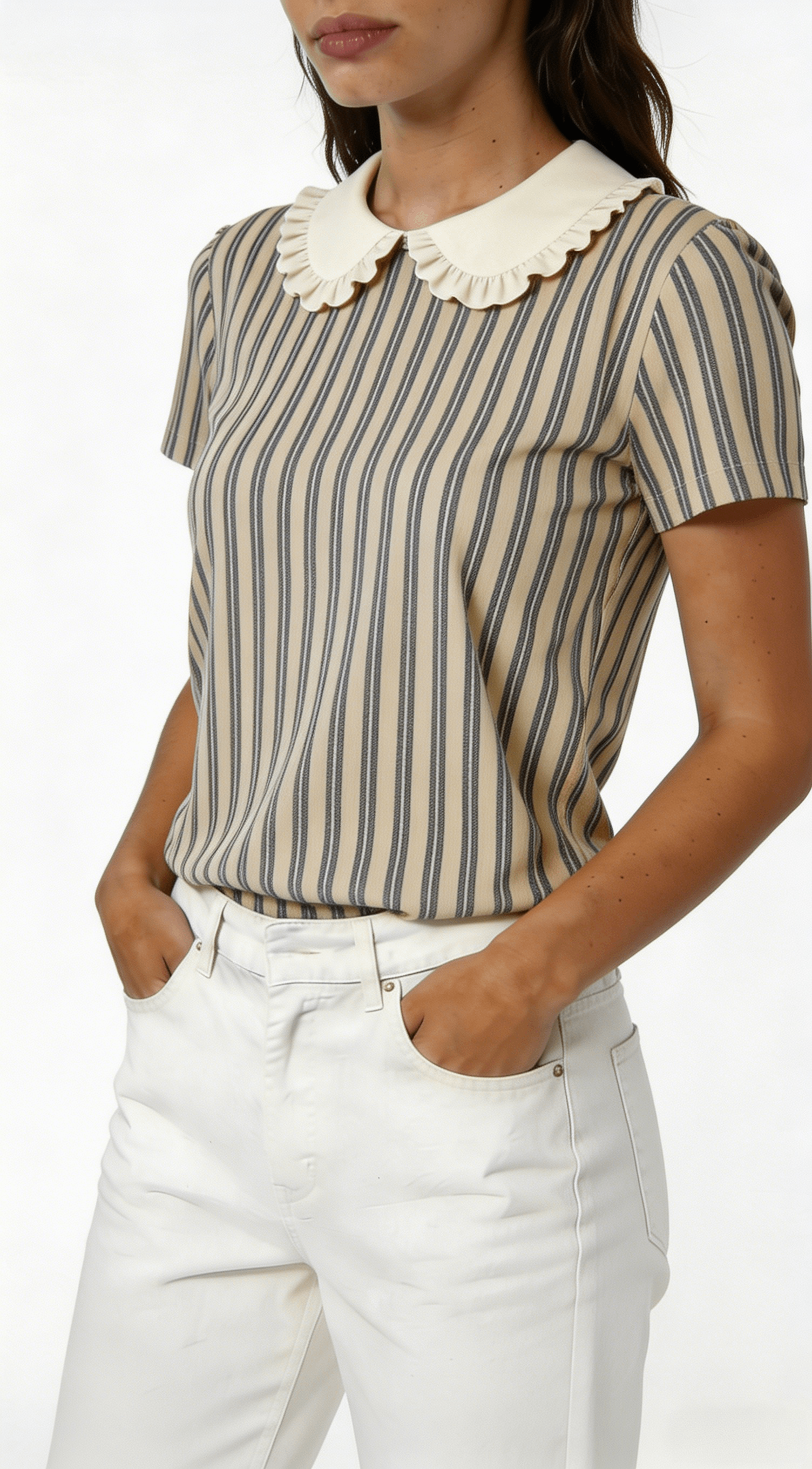 Beige Stripe Ruffle Collar Short Sleeve Blouse - Image 2