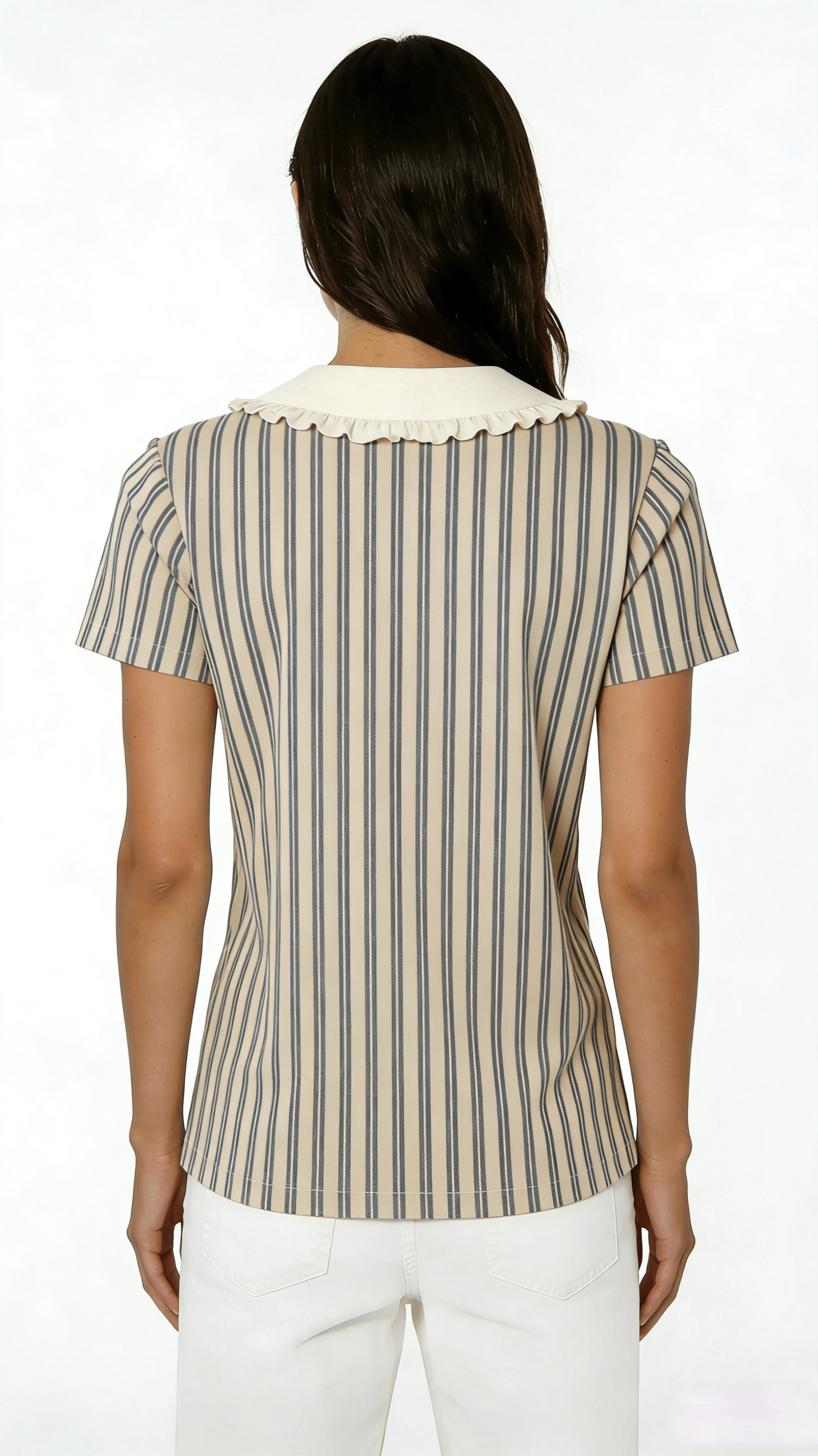 Beige Stripe Ruffle Collar Short Sleeve Blouse - Image 3