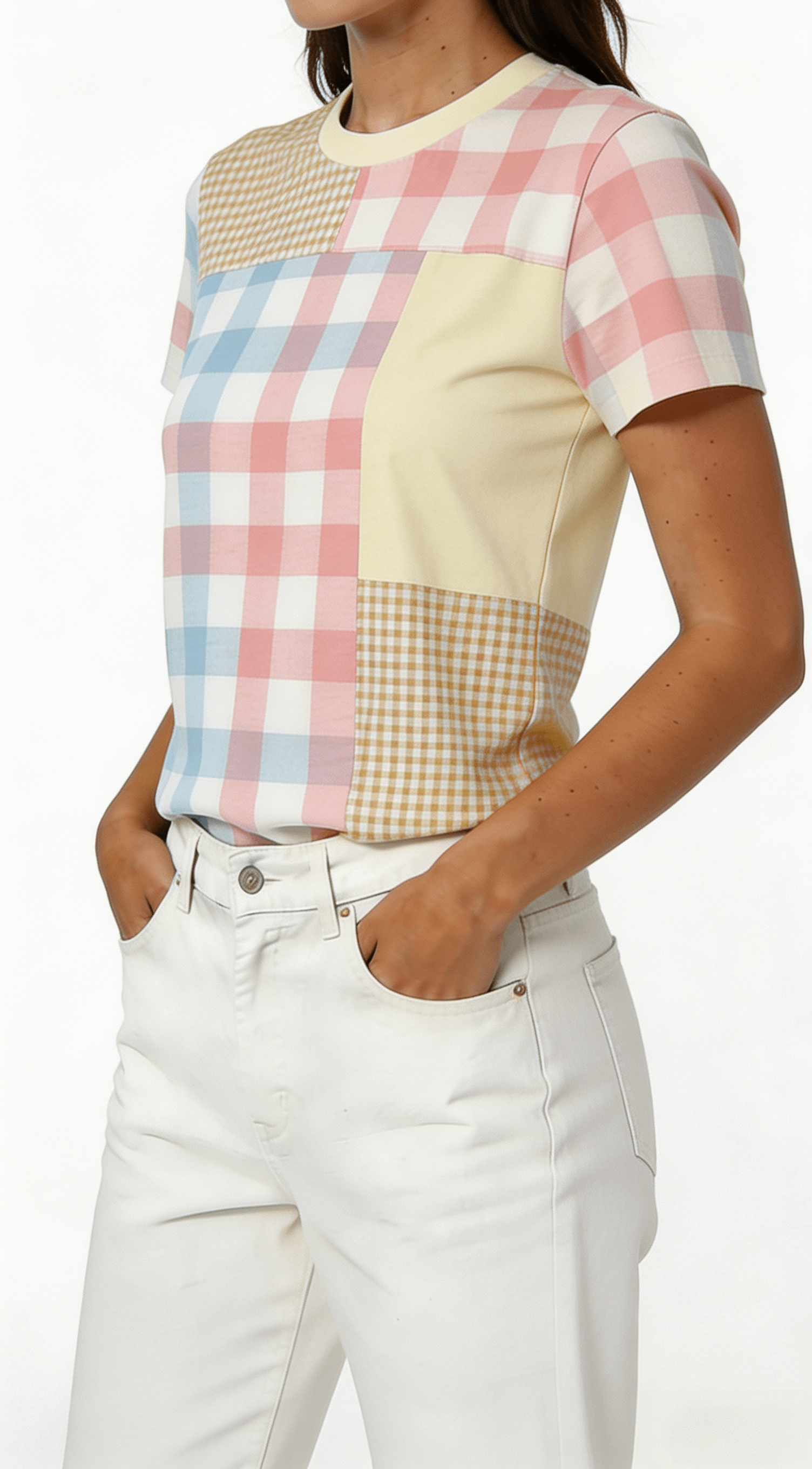 Pastel Patchwork Plaid Short Sleeve T-Shirt - Image 2