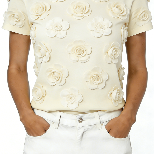 Cream 3D Rose Applique Short Sleeve T-Shirt