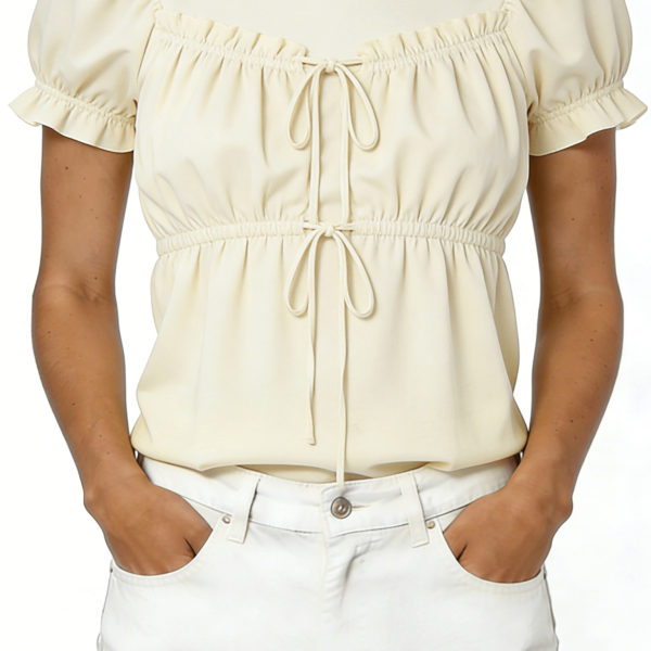 Cream Tie-Front Puff Sleeve Peplum Blouse