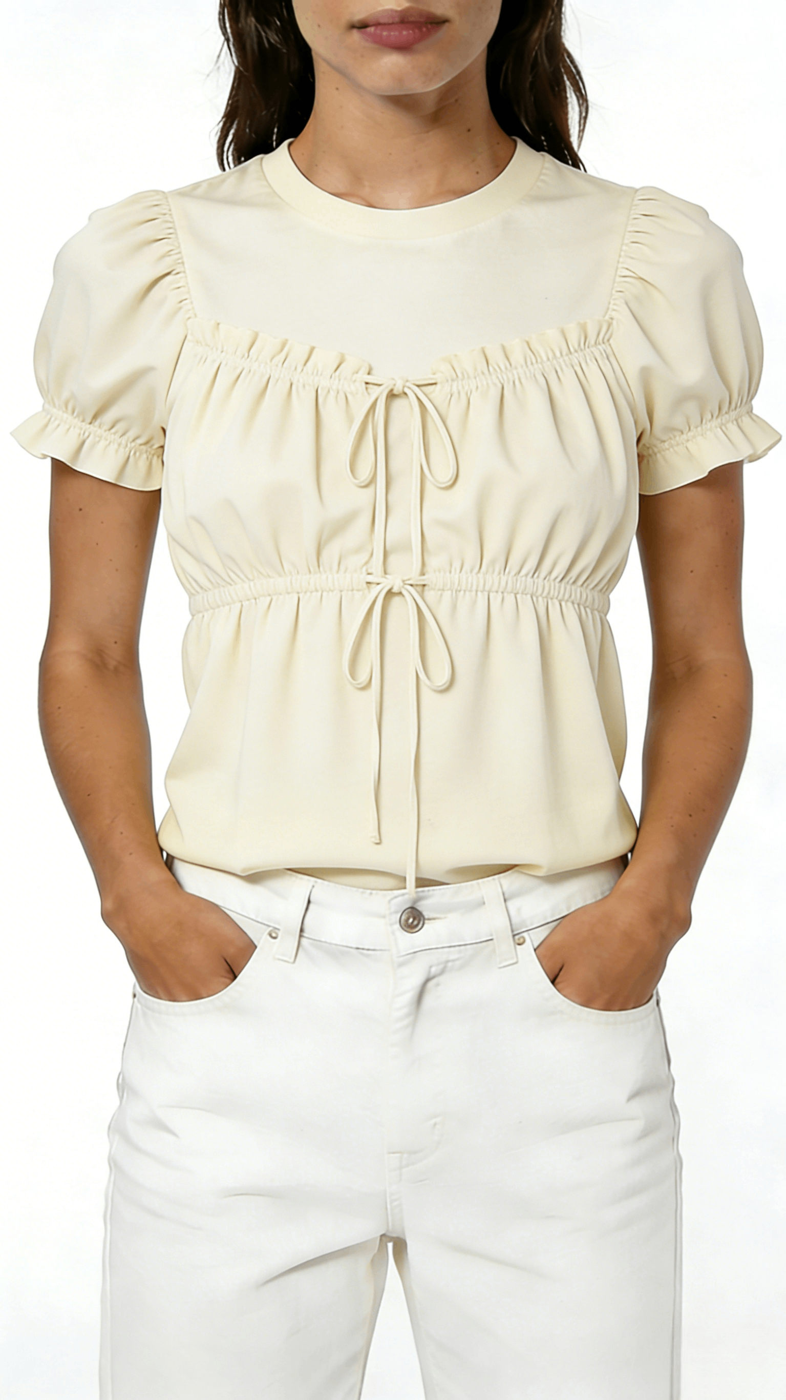 Cream Tie-Front Puff Sleeve Peplum Blouse