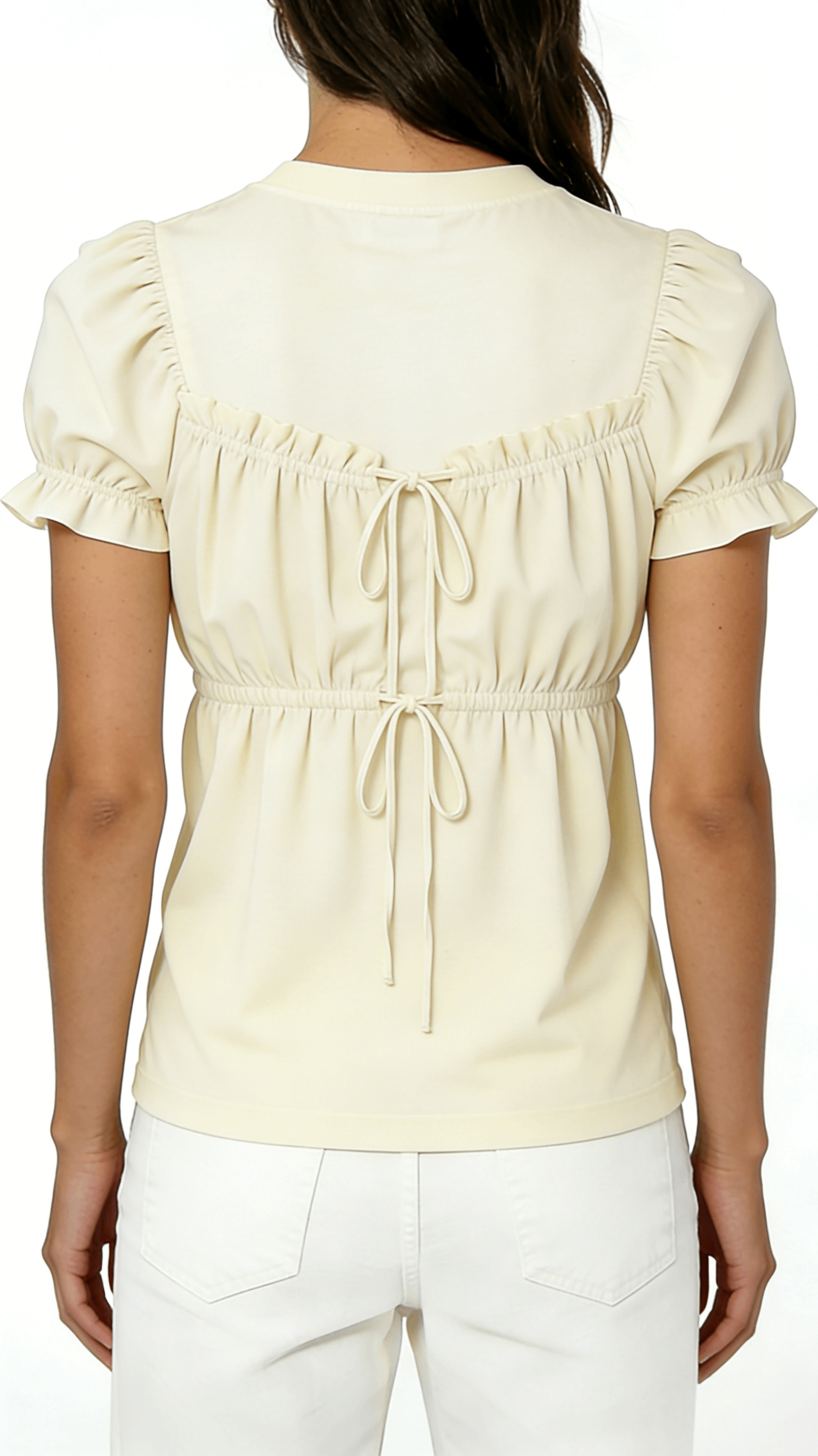 Cream Tie-Front Puff Sleeve Peplum Blouse - Image 3